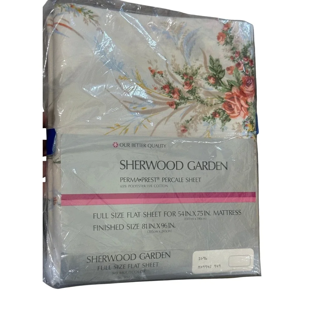 Vintage 70s Garden Full Sheet Set Flat Fitted Percale Floral Perma Prest Cottage